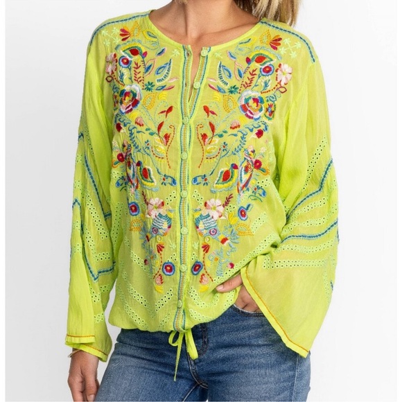 Johnny Was Perica Blouse Lime Green Embroidered Flowers Drawstring Hem S - Picture 1 of 12
